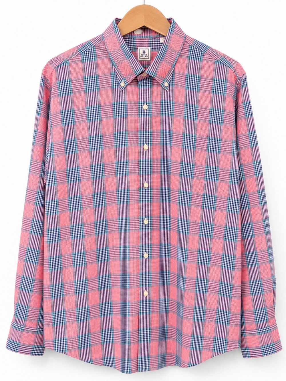 Peter Millar Men’s L Pink Blue Plaid 100% Cotton Button Down Shirt